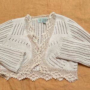 Anthropologie Cream Cropped Crochet-Trim Knit Cardigan